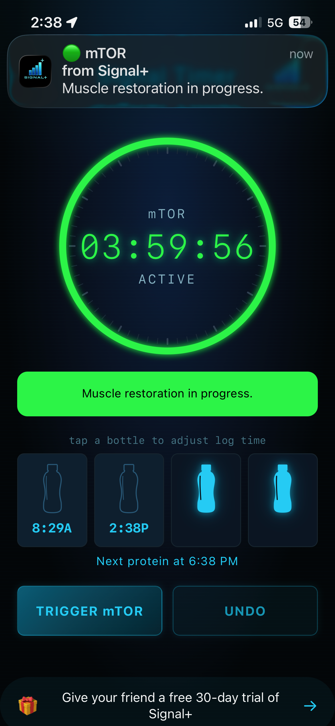 Signal+ app showing green active mTOR timer with muscle restoration in progress