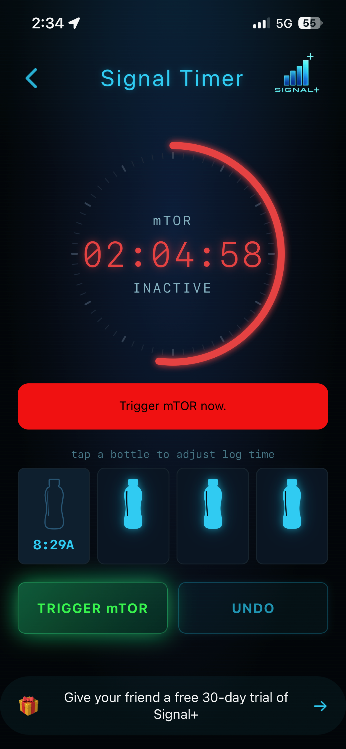 Signal+ app showing red inactive mTOR timer ready for the next protein trigger