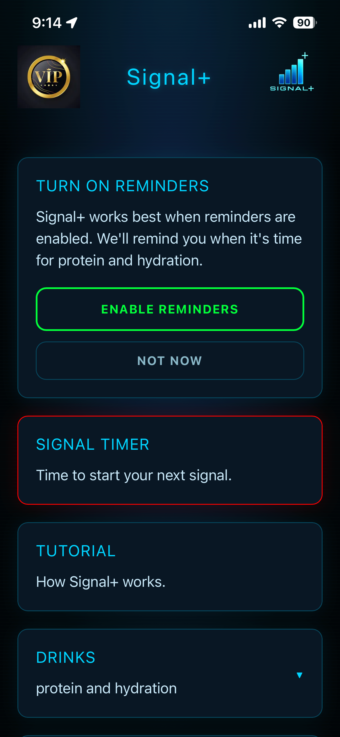 Signal+ app showing the Turn On Reminders prompt on the home screen