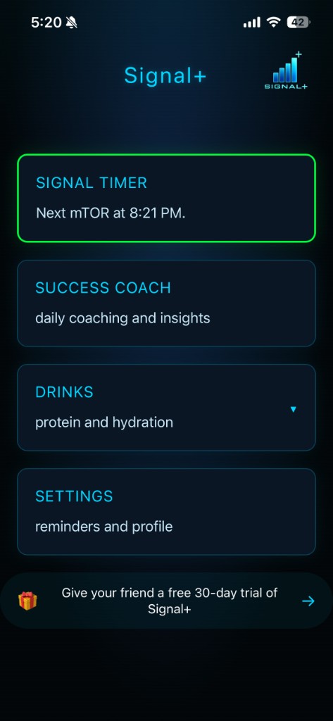 Signal+ home screen showing protein timing